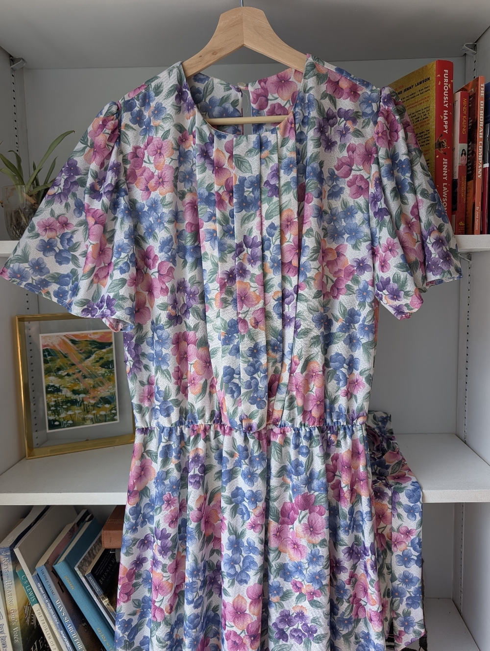 Vintage Floral Midi Dress in Pink, Purple & Blue Size Medium Cottagecore 80's - Picture 4 of 9
